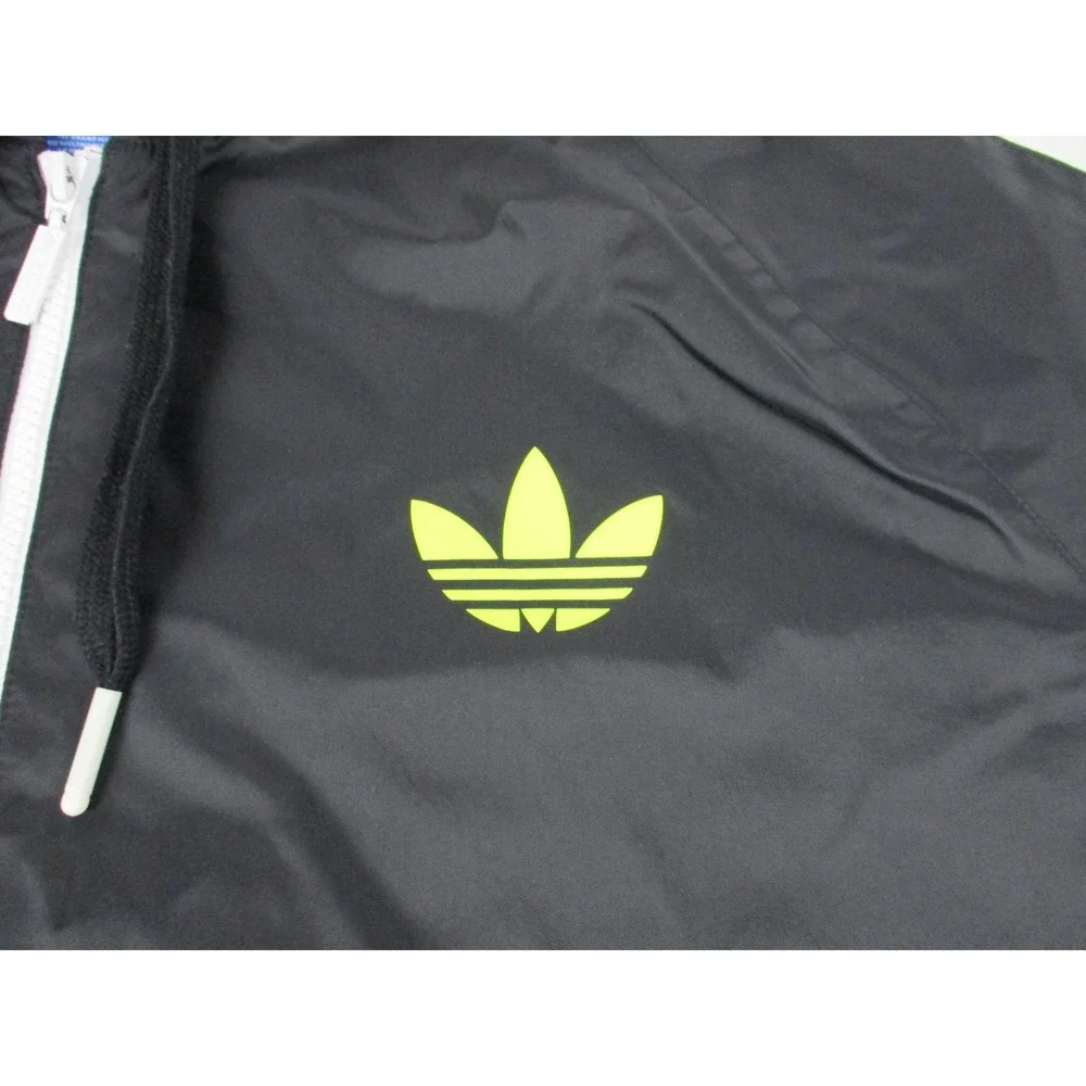Adidas Jacket Mens Extra Large Black Green Neon Trefoil Windbreaker Hooded